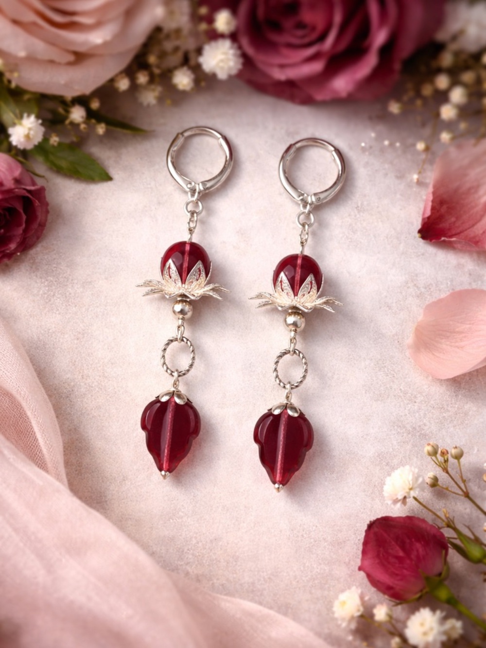 Aubergine Czech Glass Earrings • Translucent Plum • Silver Floral Boho MTO
